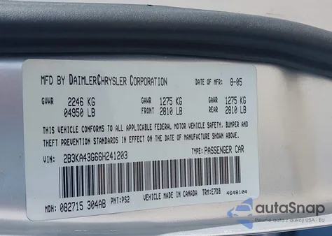 2006 Dodge Charger из США, поврежденный, VIN 2B3KA43G66H241203